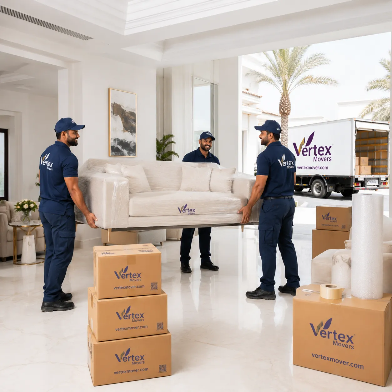 Vertex Movers Truck in Dubai Skyline